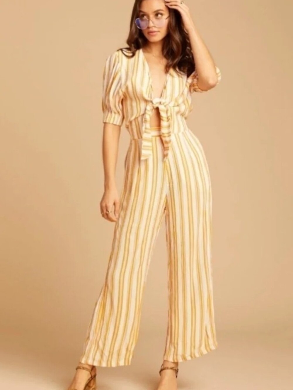 Faithfull the Brand Yellow & White Striped Tie-Front Wide Leg Jumpsuit Size 4